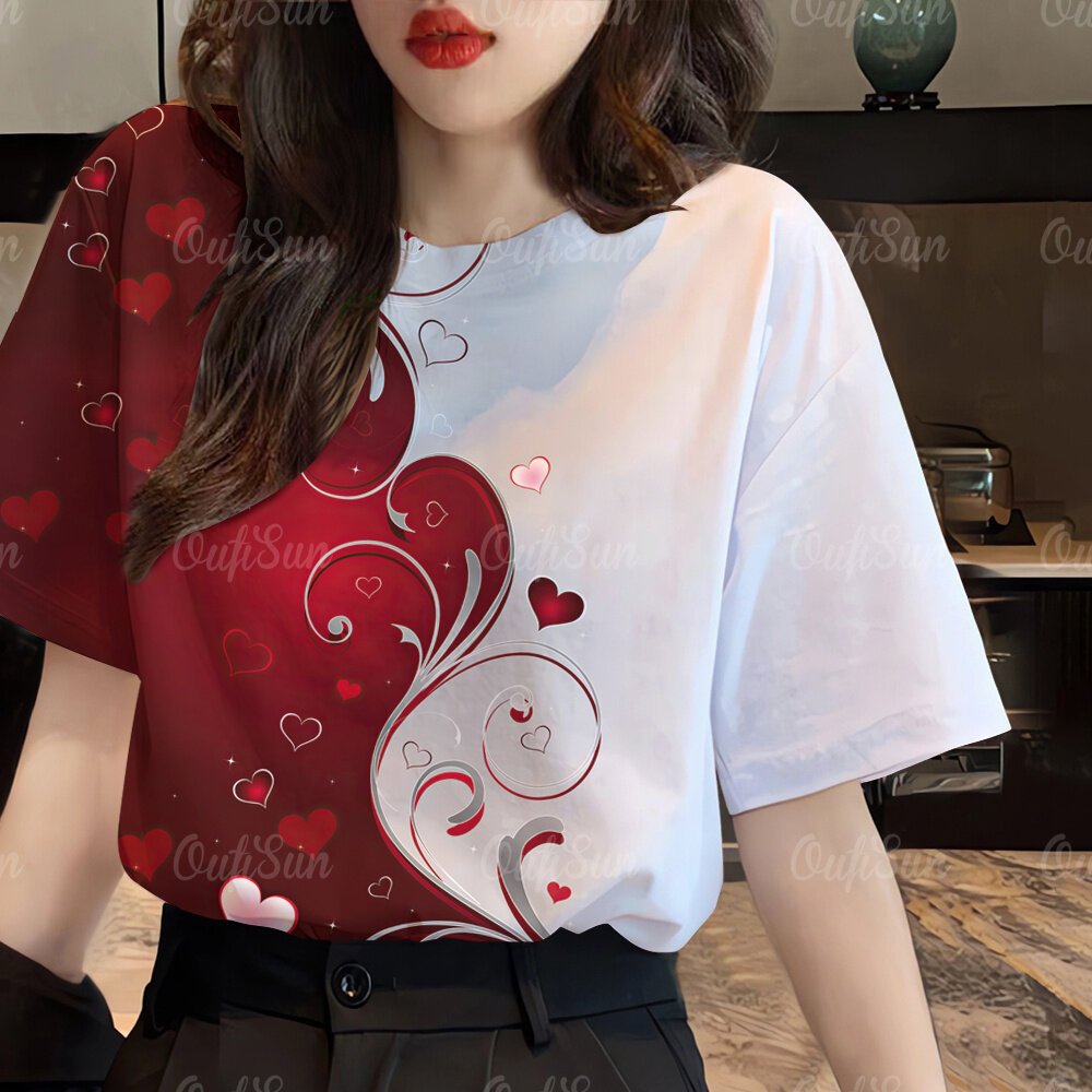 เสื้อยืดแขนสั้น คอปก พิมพ์ลายหัวใจ สไตล์คลาสสิก แฟชั่นวันวาเลนไทน์ สําหรับผู้หญิง