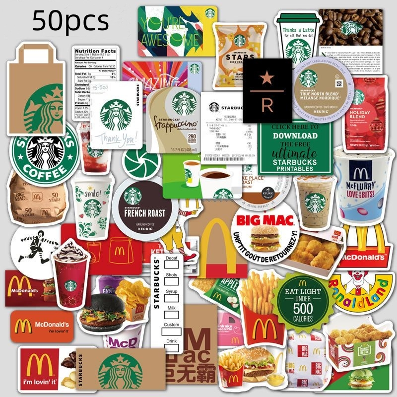 【50 ชิ้น】สติกเกอร์ตกแต่ง ลาย Starbucks McDonald's สําหรับแล็ปท็อป กระเป๋าเดินทาง
