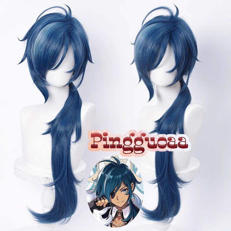 Genshin Impact Kaeya Cosplay 80cm Long Ink-Blue Wigs Heat Resistant Synthetic Hair Halloween