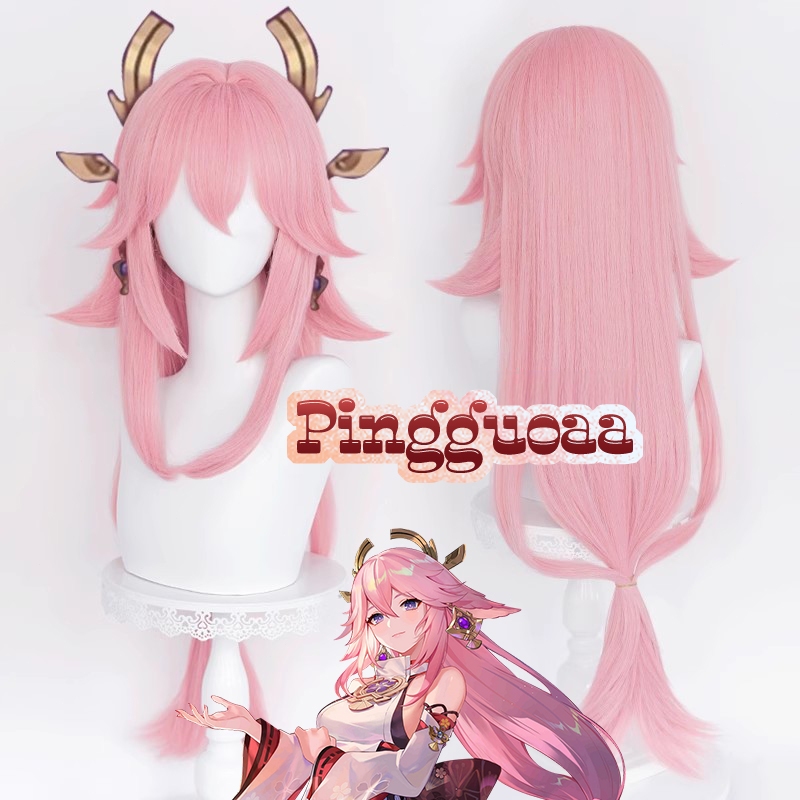 Genshin Impact Yae Guuji Cosplay 85cm Long Pink Wigs Heat Resistant Synthetic Hair Halloween