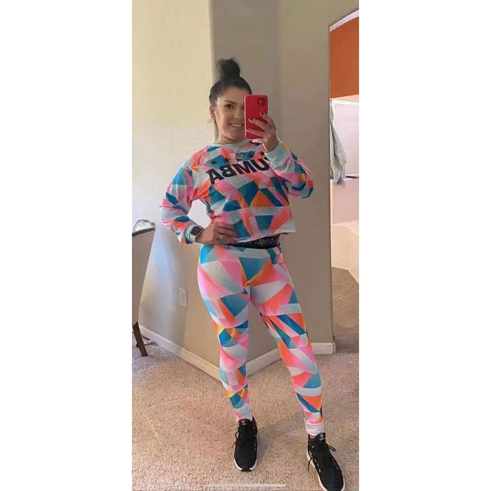 Zumba Zumba 2025 สีสัน Dopamine กีฬาออกกําลังกายสวมเสื้อยืดแขนยาวผู้หญิงแห้งเร็วยืดสุทธิ Zumba สีกรม