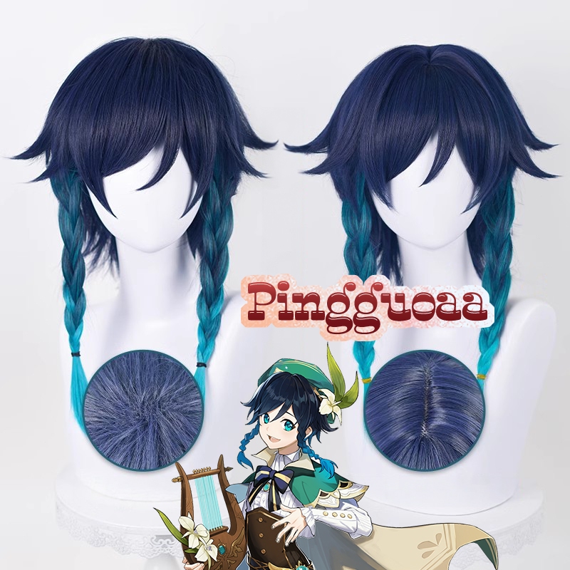 【Manmei】Genshin Impact Venti Cosplay Wig Unisex 42cm Blue Gradient Braid Wigs Heat Resistant Synthetic Hair Halloween