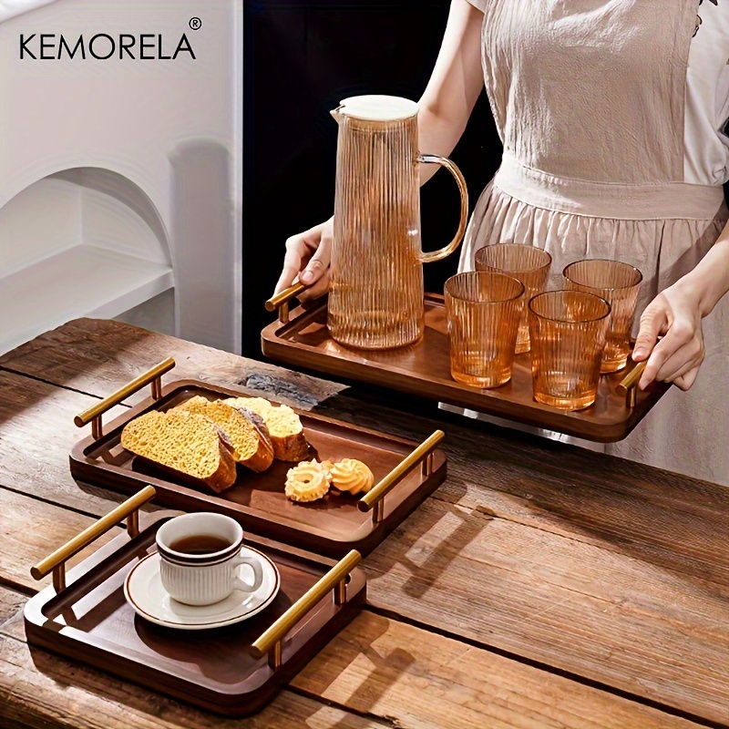 KEMORELA KEMORELA ถาดไม้ ทรงสี่เหลี่ยมผืนผ้า สองหู สไตล์เรโทร สําหรับใส่ชา ผลไม้ ขนมปัง