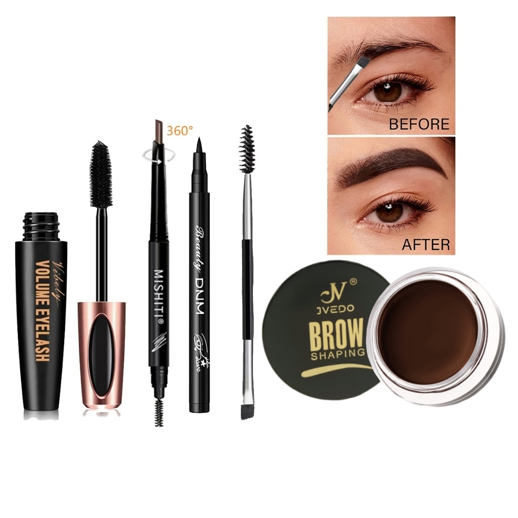 ชุดเครื่องสําอาง ครีมเขียนคิ้ว กันน้ํา ติดทนนาน + ดินสอเขียนคิ้ว 2 in 1 + มาสคาร่า + อายไลเนอร์ + แปรงเขียนคิ้ว 1 ชิ้น