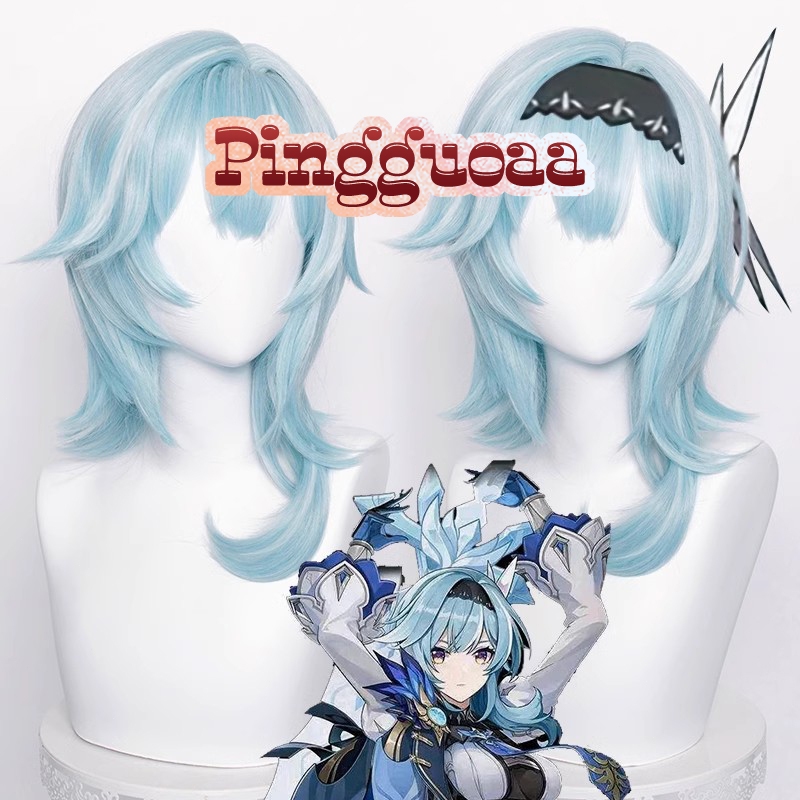 Genshin Impact Eula Cosplay Wig 48cm Blue Heat Resistant Synthetic Wigs