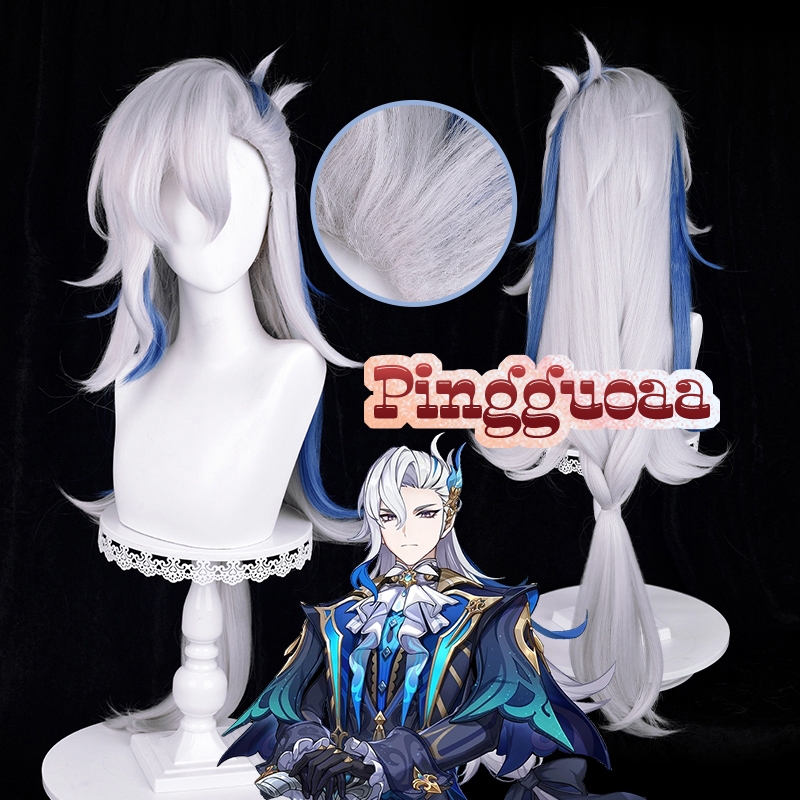 【Manmei】Genshin Impact Fontaine Neuvillette Cosplay Wig 100cm Long Silver White Blue Heat Resistant 