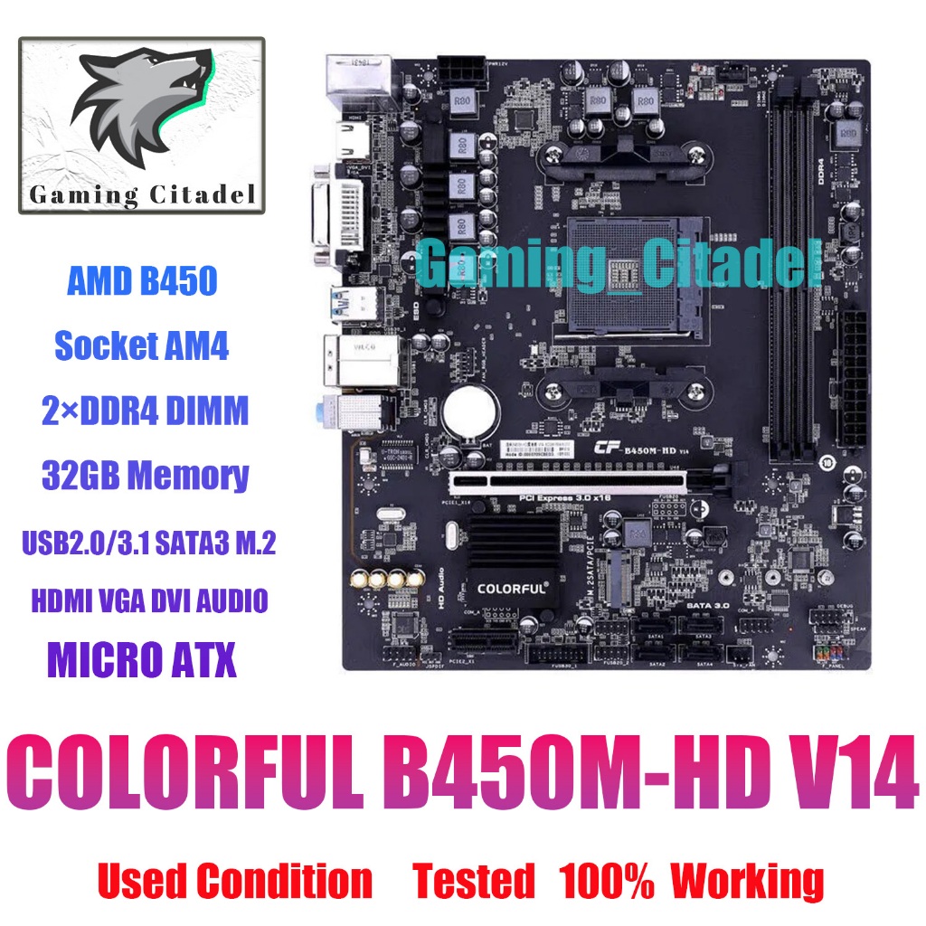 เมนบอร์ด B450M-HD V14 AMD DDR4 32G PCI-E 3.0 สีสันสดใส สําหรับ CPU intel i3 i5 i7