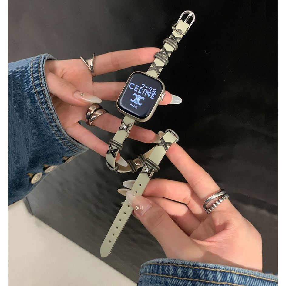 สายหนังแบบ Double Loop โลหะรูปตัว X สําหรับ Apple Watch Series 9 8 7 6 5 SE 4 สายโลหะ Ultra 1/2 49mm 45mm 44mm 41mm 40mm