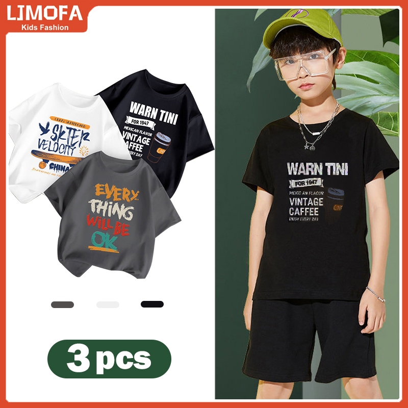 [COD] เสื้อยืดคอกลม แขนสั้น ผ้าฝ้ายแท้ พิมพ์ลายตัวอักษร แฟชั่นฤดูร้อน สําหรับเด็กผู้ชาย อายุ 4-13 ปี 3 ชิ้น ต่อกล่อง