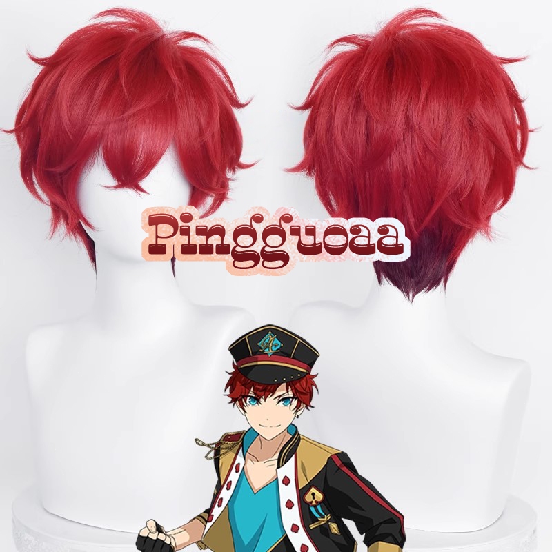 ES Ensemble Stars ALKALOID Amagi Hiiro Cosplay Wig 35cm Red Gradient Short Wigs Heat Resistant Synth