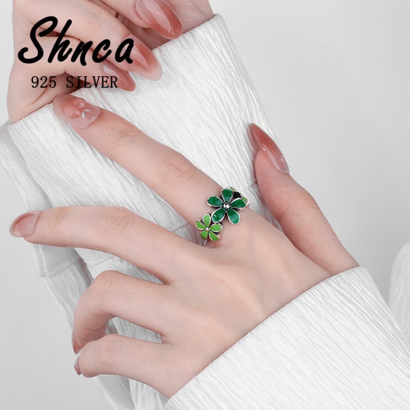 แหวนเงินสเตอร์ลิง 925 อีพ็อกซี่ ลายดอกไม้ สีเขียวธรรมชาติ สําหรับผู้หญิง CLR034