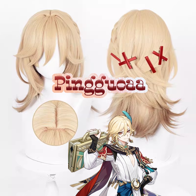 Genshin Impact Kaveh Cosplay Wig 50cm Long Braided Linen Golden Hair Heat Resistant Synthetic Wigs