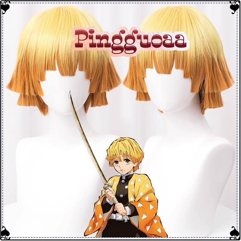 Anime Demon Slayer Agatsuma Zenitsu Cosplay Wig 32cm Yellow Gradient Heat Resistant Synthetic Hair