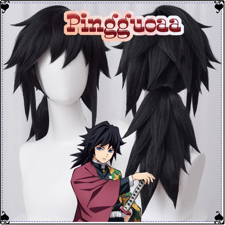 【Manmei】Tomioka Giyuu Wig Demon Slayer Cosplay 45cm Long Black Heat Resistant Synthetic Wigs