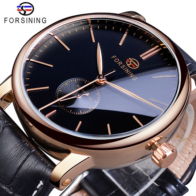 Forsining Mens Casual Mechanical Watch Minimalist Ultra-thin New Fashion Leather Belt Business Sport