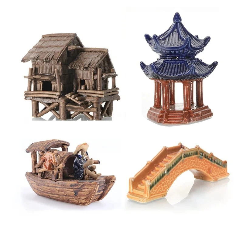 Miniature House เรือสะพานสําหรับ Aquarium ถังปลา Lanscape บอนไซ Rockery เครื่องประดับอุปกรณ์ตกแต่ง Fairy Garden Home Decor