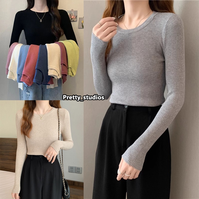 เสื้อแขนยาวผู้หญิง knit top แบบเข้ารูป สไตล์เกาหลี สําหรับผู้หญิง