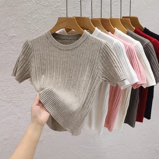 เสื้อยืดแขนสั้น คอกลม ผ้าถัก แฟชั่นฤดูใบไม้ผลิ และฤดูร้อน สําหรับผู้หญิง