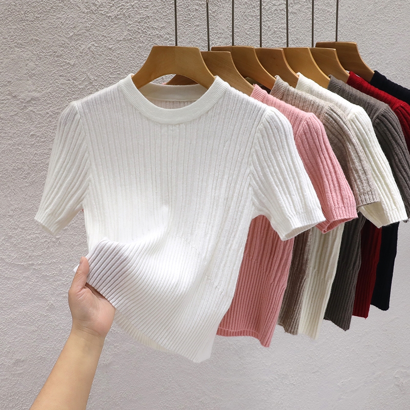 เสื้อยืดแขนสั้น คอกลม ผ้าถัก แฟชั่นฤดูใบไม้ผลิ และฤดูร้อน สําหรับผู้หญิง