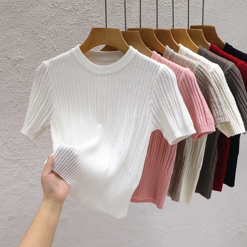 เสื้อยืดแขนสั้น คอกลม ผ้าถัก แฟชั่นฤดูใบไม้ผลิ และฤดูร้อน สําหรับผู้หญิง