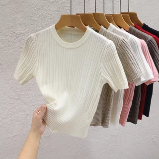 เสื้อยืดแขนสั้น คอกลม ผ้าถัก แฟชั่นฤดูใบไม้ผลิ และฤดูร้อน สําหรับผู้หญิง