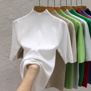 เสื้อยืดคอเต่า แขนยาวครึ่งแขน เข้ารูป สีขาว แฟชั่นฤดูใบไม้ผล…