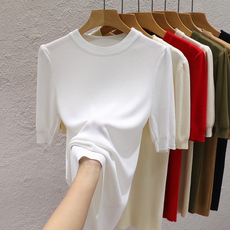 เสื้อยืดกันหนาว คอกลม แขนสั้น ผ้าถัก สไตล์ใหม่ สําหรับผู้หญิง