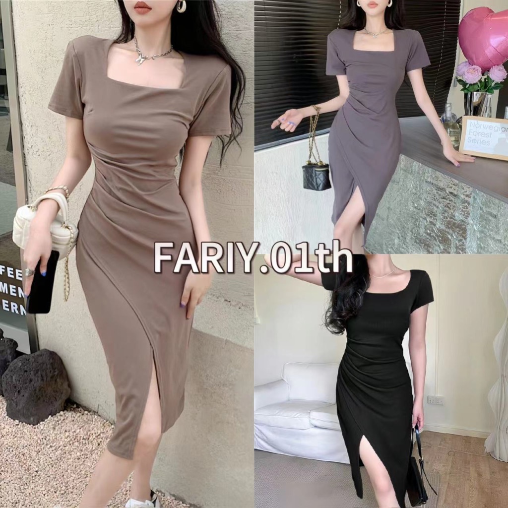 Fariy🍒เดรสแขนสั้นทรงสี่เหลี่ยมสไตล์เกาหลี ชุดเดรสเซ็กซี่เฉพาะกลุ่ม