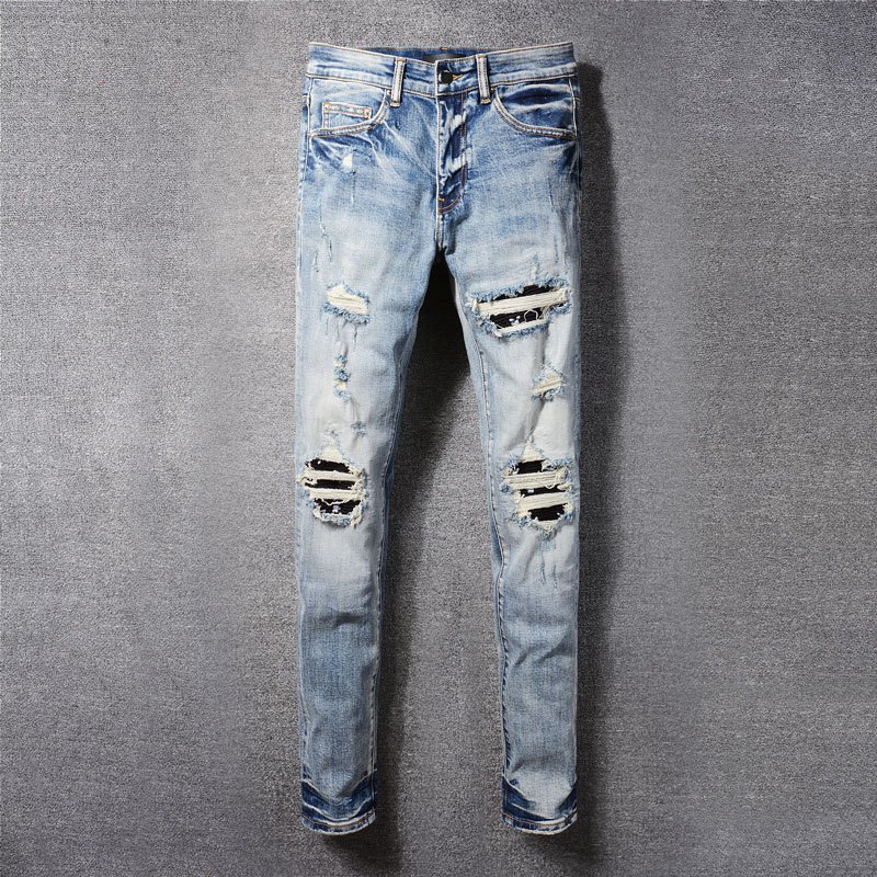 Amiri กางเกงยีนส์แฟชั่นคุณภาพดีสำหรับผู้ชาย Vintage Blue Slim พิมพ์แพทช์ออกแบบ กางเกงยีนส์แฟชั่นคุณภาพดีสำหรับผู้ชาย
