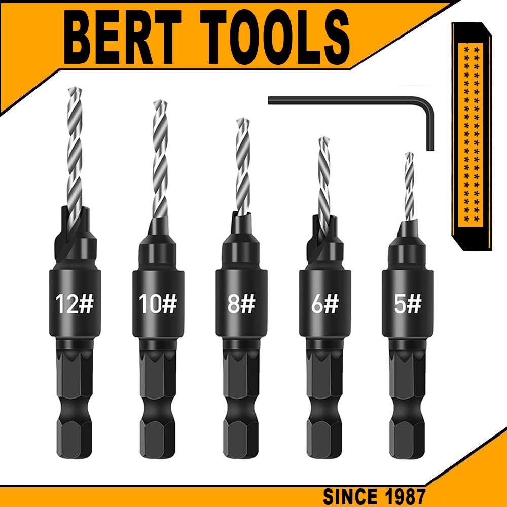 BERT | 5 ชิ้น ดอกสว่านหัวเกสรเจาะไม้ ชุดดอกสว่านเคาน์เตอร์ซิงค์ ก้านหกเหลี่ยม 1/4 นิ้ว เปลี่ยนเร็ว ปรับได้