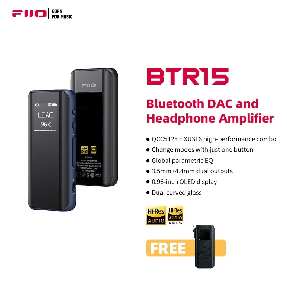 Fiio BTR15 ตัวรับสัญญาณหูฟังบลูทูธ 5.1 USB DAC AMP Hi-Res ES9219MQ DSD256 LDAC aptX 3.5 4.4 มม. 2 ชิ้น