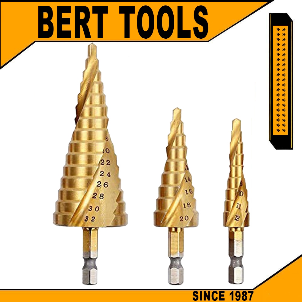 BERT | ดอกสว่าน ทรงเจดีย์ ดอกสว่านเจดีย์ ความเร็วสูง เคลือบไทเทเนียม 4 มม. เป็น 12/20/32 มม