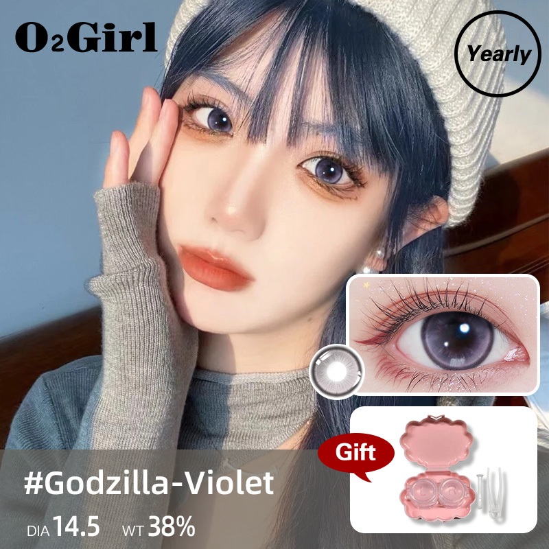 O2girl (COD) คอนแทคเลนส์สายตานิ่ม สีเทาธรรมชาติ (0~-8.00) 14.5 มม. 2 ชิ้นGodzilla-Grey/violet