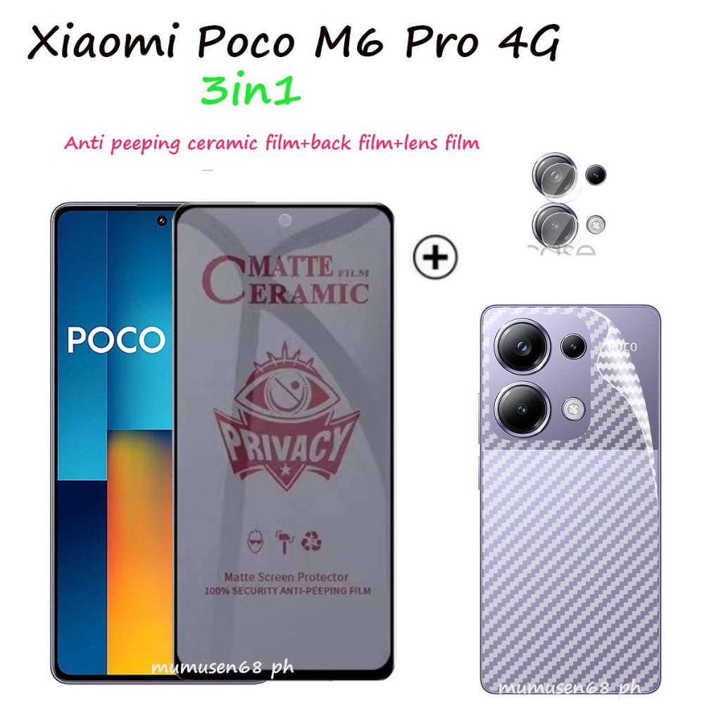 (3in1) ฟิล์มเซรามิค ป้องกันหน้าจอ และเลนส์กล้อง ป้องกันการแอบมอง สําหรับ Xiaomi Poco M6 Pro 4G Poco X6 Pro M6 Pro 5G