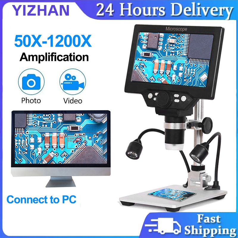 【YIZHAN】กล้องจุลทรรศน์ดิจิตอลอิเล็กทรอนิกส์,1200X 1080P USB ความละเอียดสูงหน้าจอ LCD ขนาดใหญ่7นิ้วสำหรับซ่อมโทรศัพท์มือถือบัดกรี
