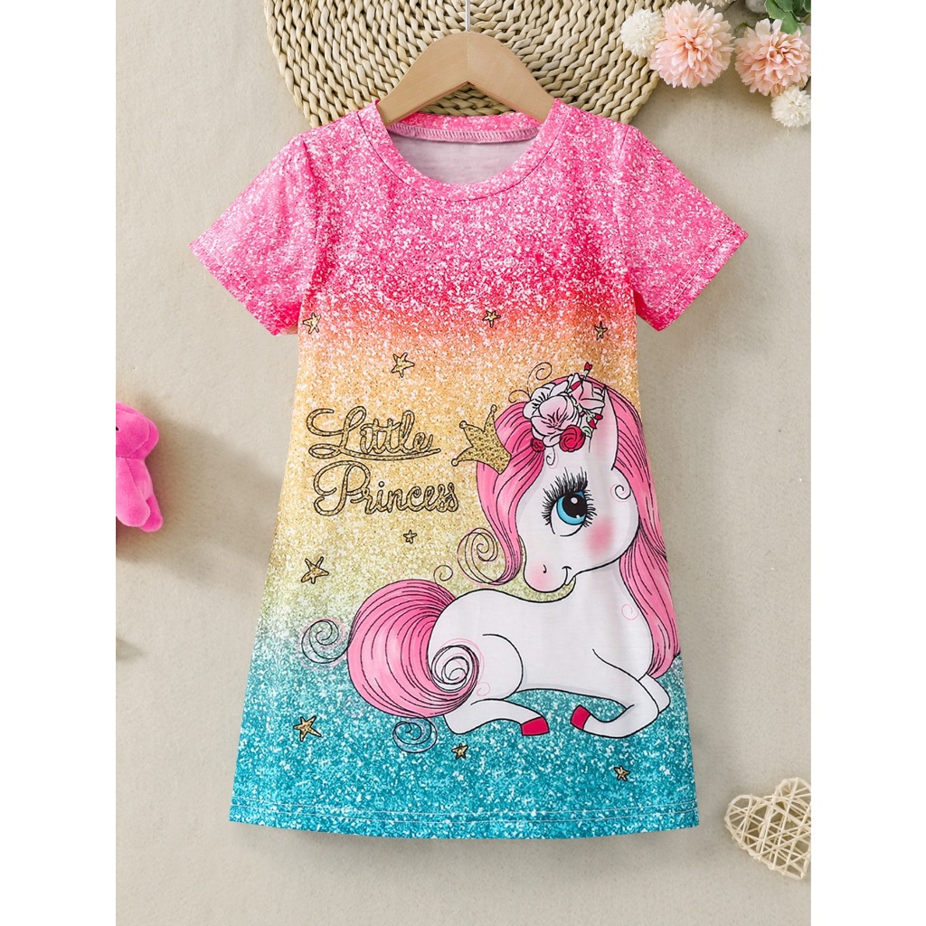 ชุดเดรสเจ้าหญิง แขนสั้น สีสันสดใส สําหรับเด็กผู้หญิง อายุ 4-7 ปี