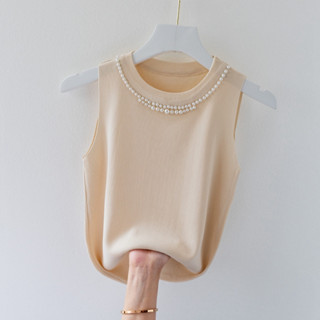 เสื้อสายเดี่ยว ผ้าถัก ประดับลูกปัด สไตล์ชาแนล สําหรับผู้หญิง