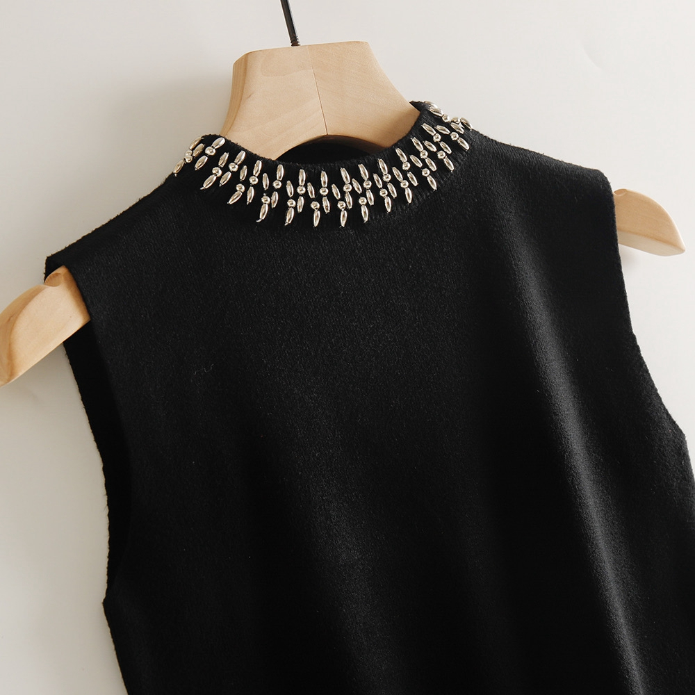 เสื้อกล้ามคอเต่า ผ้าถัก ประดับลูกปัด ทรงสลิม สําหรับผู้หญิง