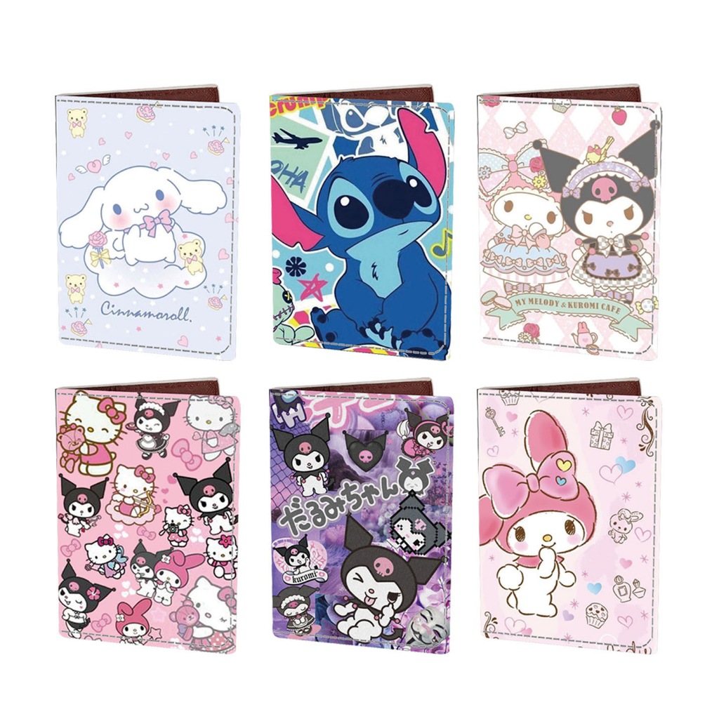 ใหม่ Sanrio ปกหนังสือเดินทาง Cinnamoroll Hello Kitty Melody Kulomi การ์ตูนพิมพ์ PU เคสป้องกันแบบพกพา ID Travel Credentials Card Holder