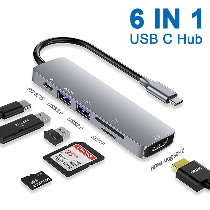ฮับ USB C 6 in 1 Type C เป็น HDMI 4K 2 USB 3.0 การ์ดรีดเดอร์ SD TF สําหรับแล็ปท็อป คอมพิวเตอร์