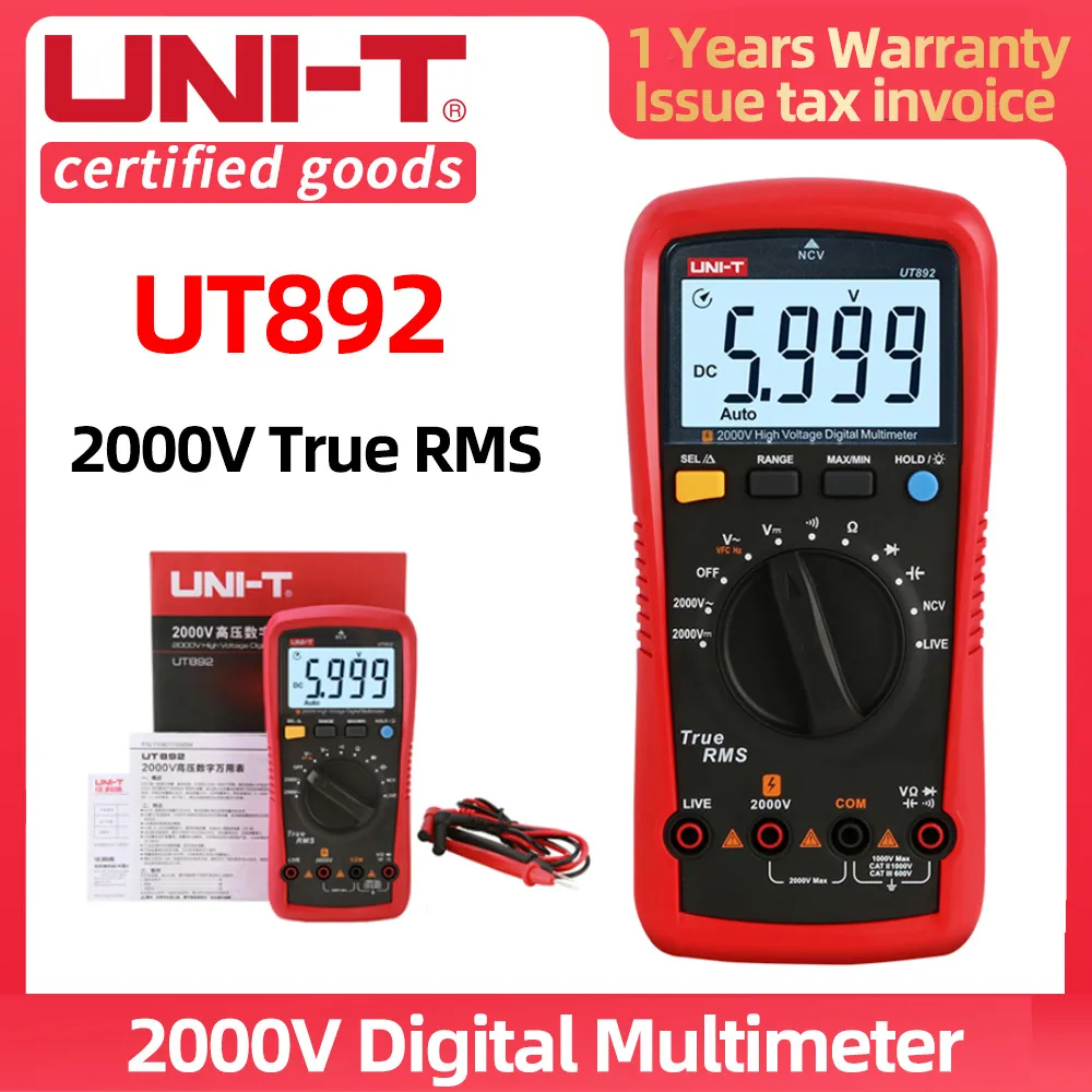 Uni-t UT892 มัลติมิเตอร์ดิจิทัล แรงดันสูง 2000V สําหรับโวลต์มิเตอร์ ทดสอบประจุ True RMS