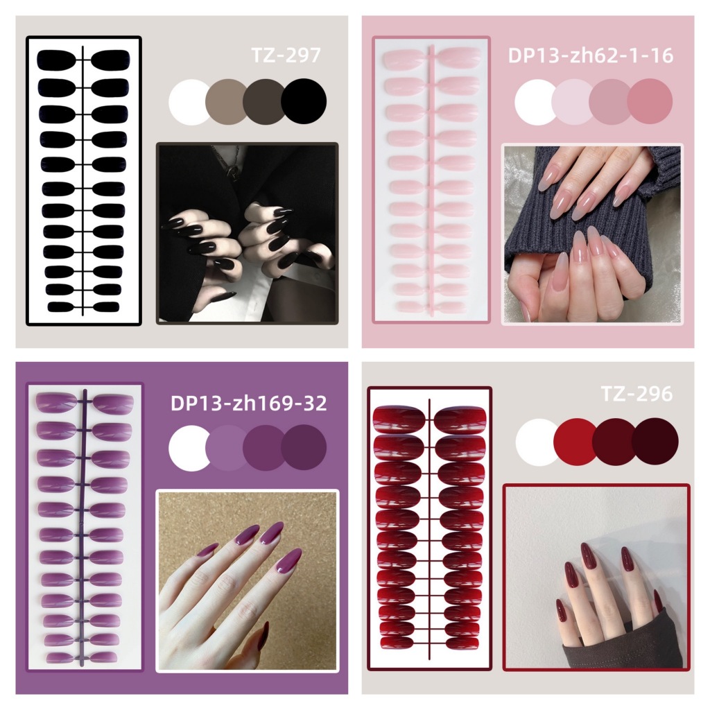 เล็บปลอมสําเร็จรูป สีพื้น ใช้ซ้ําได้ มี 24 ชิ้นต่อแถบ