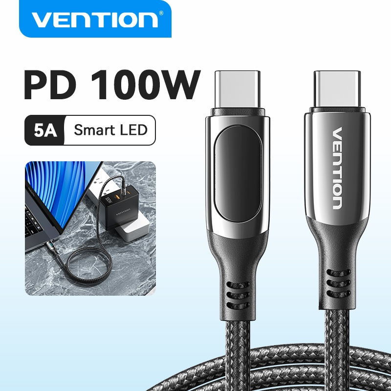 Vention 100W USB C สายชาร์จเร็ว Type C เป็น USB C สายเคเบิล 5A QC 4.0 สายเคเบิลข้อมูล typec ชาร์จเร็วก่อน