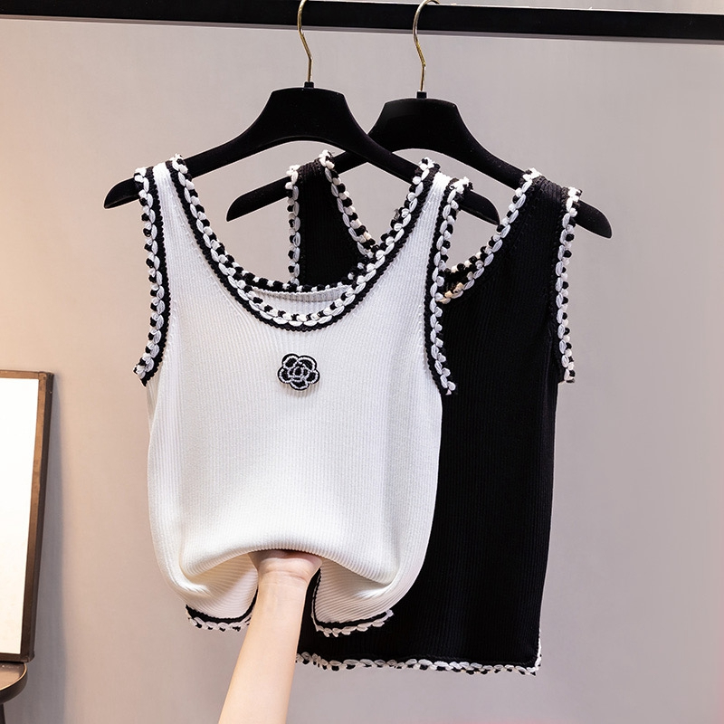 เสื้อสายเดี่ยว คอกลม แขนกุด ผ้าถัก สีคอนทราสต์ สําหรับผู้หญิง