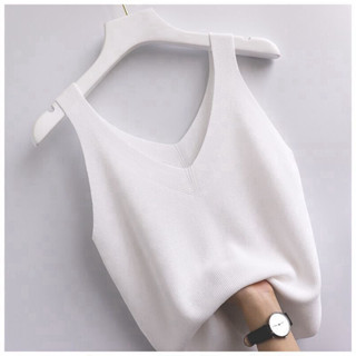 เสื้อสายเดี่ยว คอวี แขนกุด ผ้าถัก แบบเข้ารูป สําหรับผู้หญิง