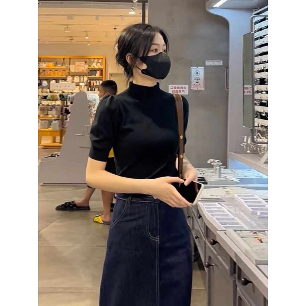 เสื้อยืด คอสูง แขนสั้น ผ้าถัก สไตล์ใหม่ สําหรับผู้หญิง