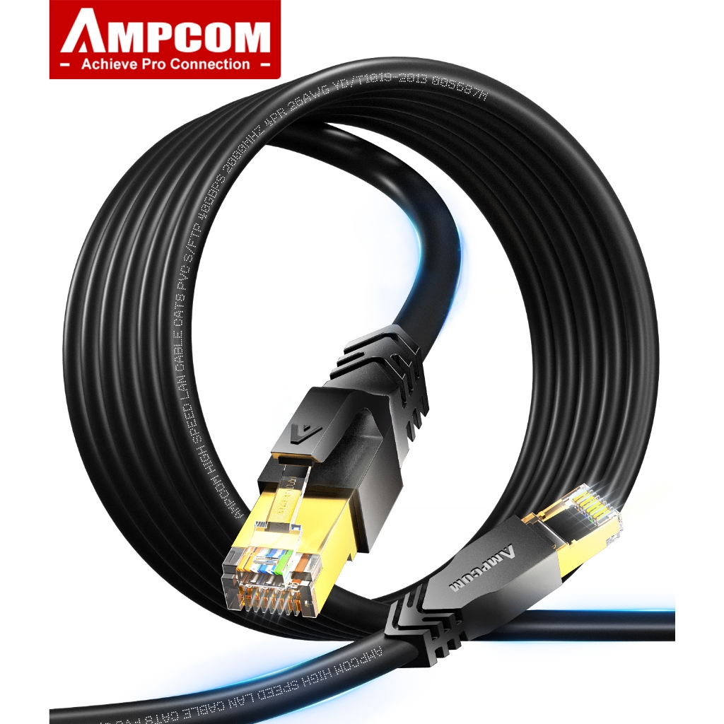 AMPCOM CAT8 สายเคเบิลอีเธอร์เน็ต: S/FTP ความเร็วสูง ยืดหยุ่นมาก 26AWG CAT8 สําหรับเราเตอร์ โมเด็ม Xb