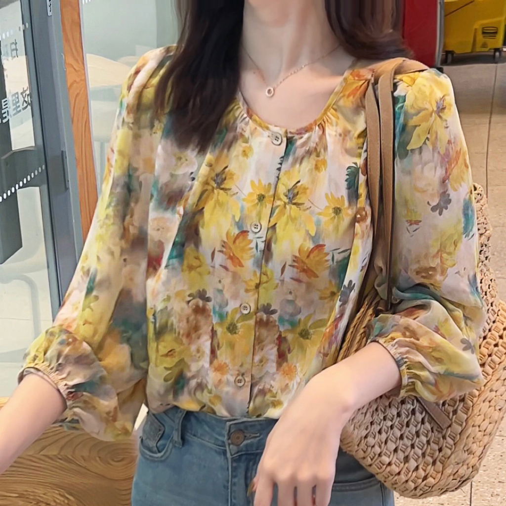 เสื้อเชิ้ตแขนยาวลําลอง คอกลม ผ้าชีฟอง ทรงหลวม พิมพ์ลายดอกไม้ แฟชั่นฤดูร้อน สําหรับผู้หญิง