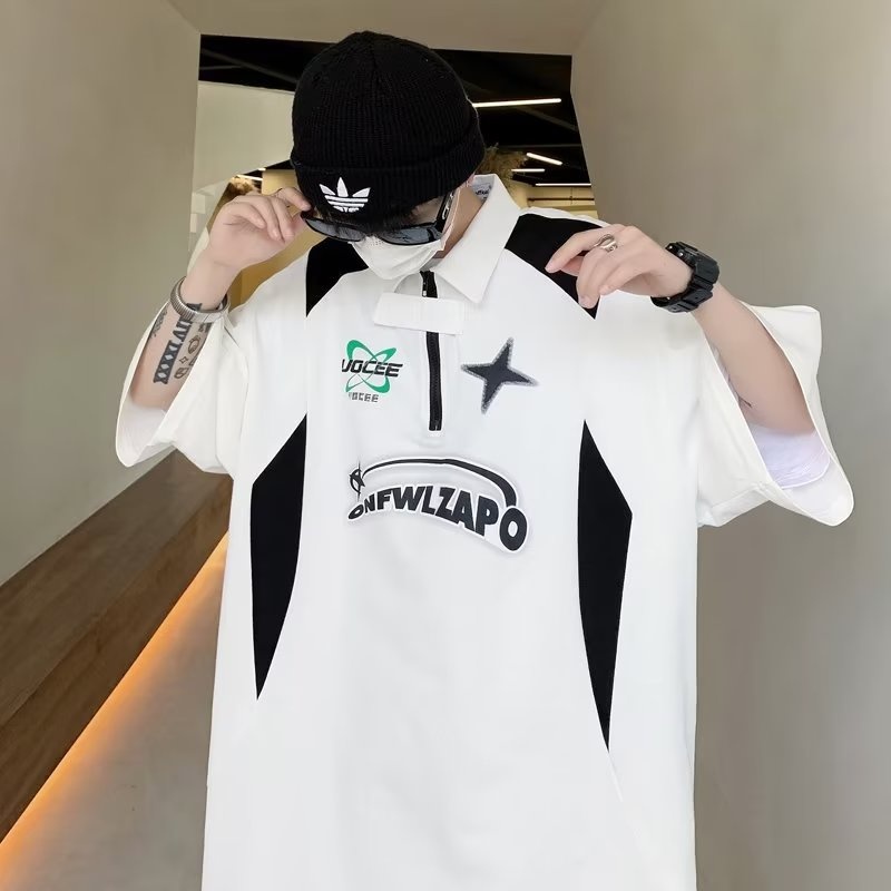 BeCoolMan🍃ใหม่อเมริกันพิมพ์เสื้อยืดแขนสั้นผู้ชายหลวมอินเทรนด์ยี่ห้อHigh Streetเสื้อโปโลสีตัดกันเสื้อลำลอง