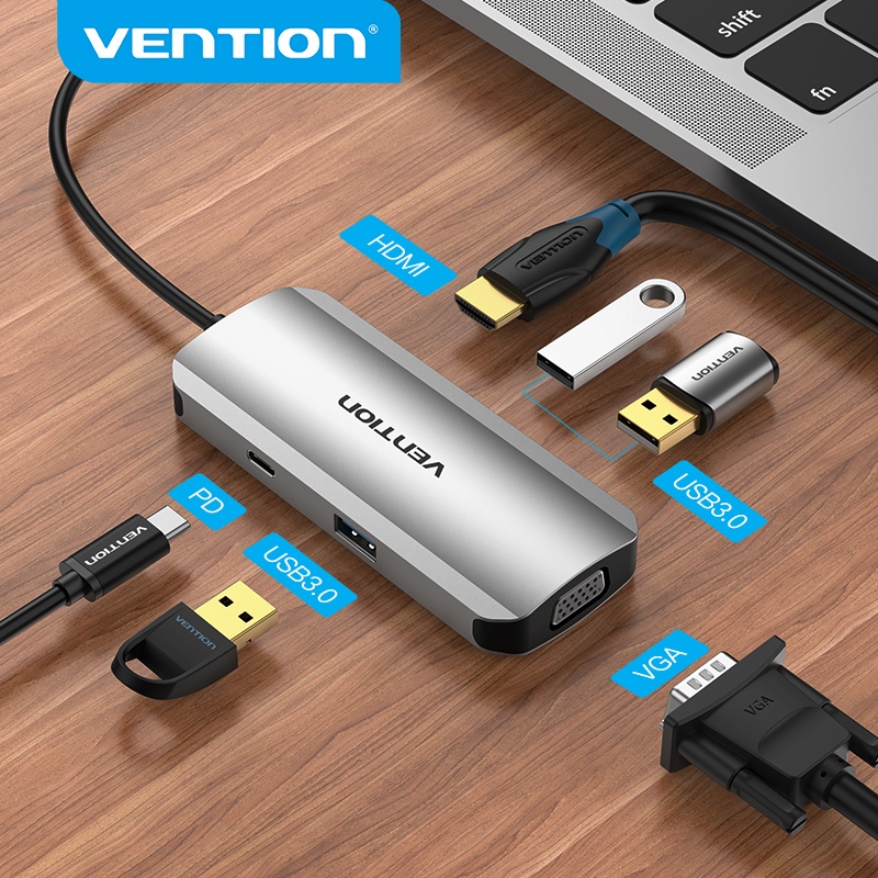9-in-1 USB C-type hub adapter with charger, 4K HDMI PD type hub Gigabit Ethernet 3 USB 3.0 SD TF card reader socket 3.5mm